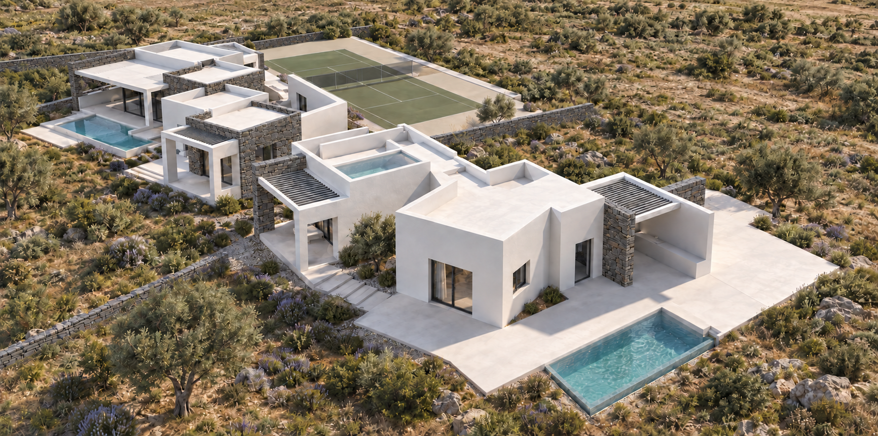 Aerial architectural visualisation of the Isterni residences and pools