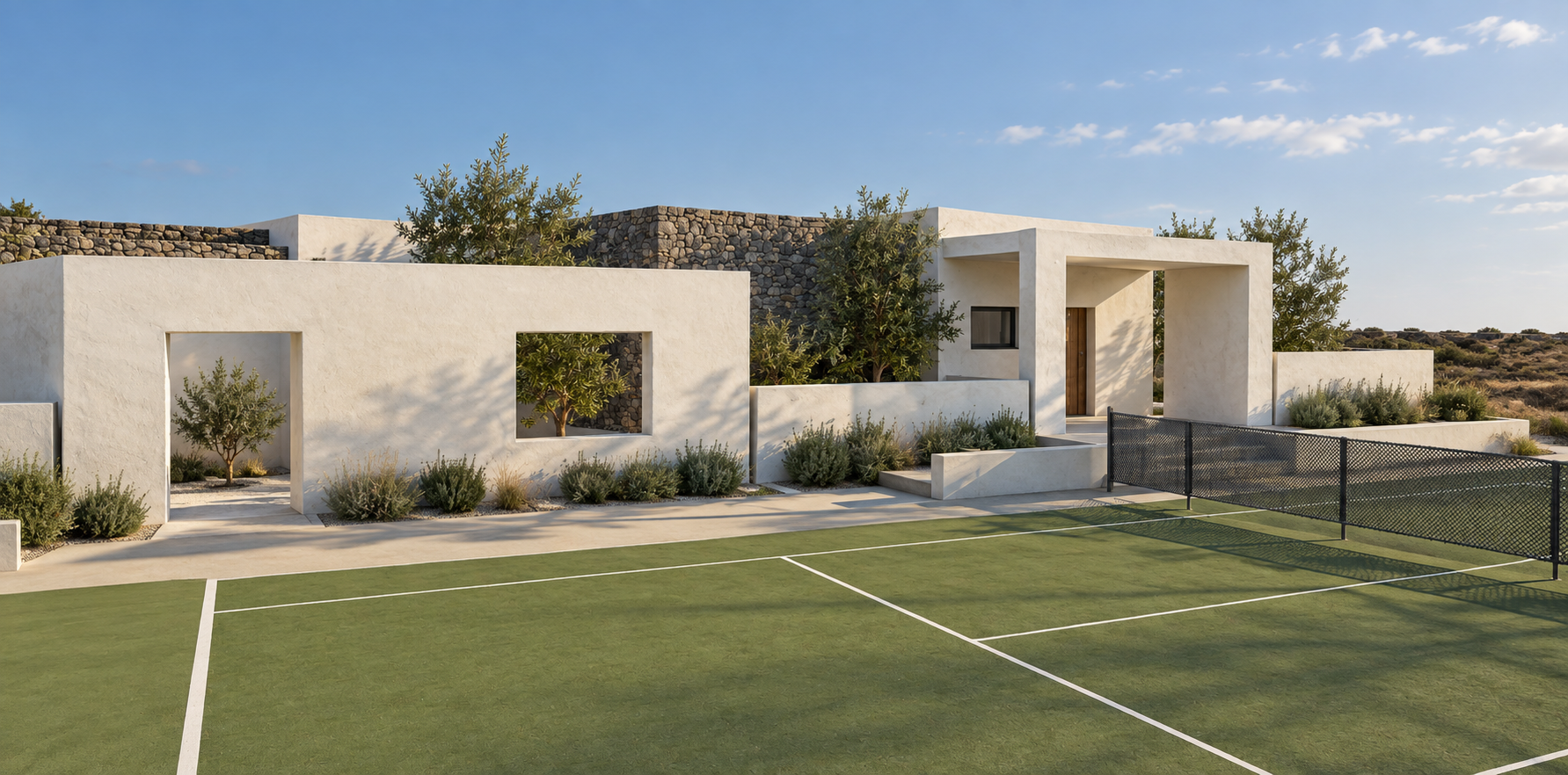Architectural visualisation of courtyard walls and tennis court