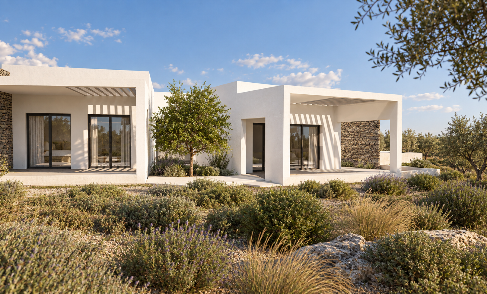 White garden pavilions surrounded by Mediterranean planting
