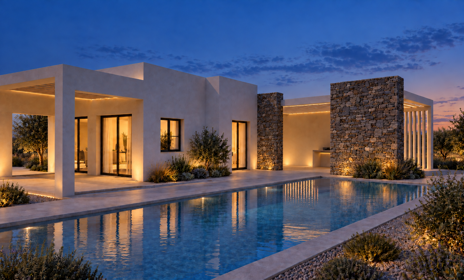Evening visualisation of the villa with illuminated stonework and swimming pool